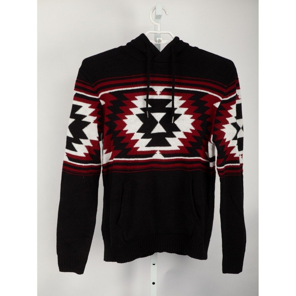 XRAY Jeans Knit Hoodie Mens Large Black Red Southwestern Geometric Sweater